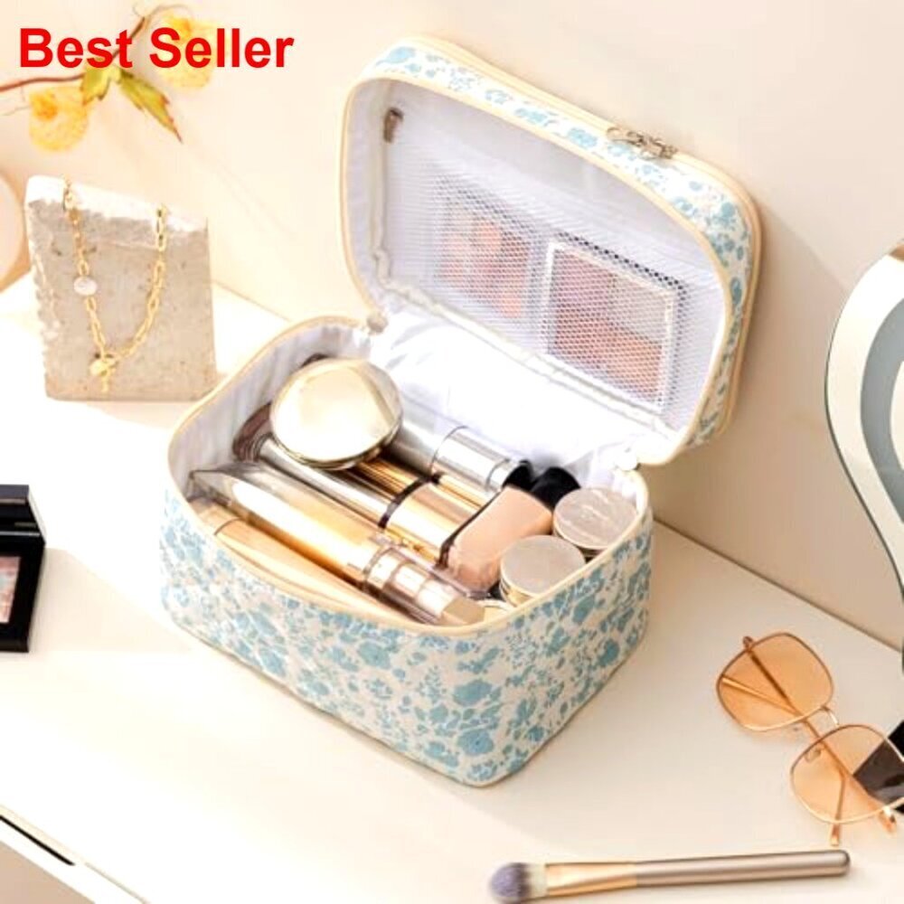 Large Quilted Cotton Makeup Bag with Handle, Travel Cosmetic Organizer - Picture 2 of 6